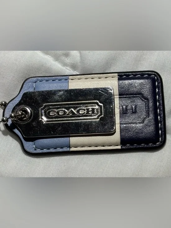 Coach Color Block Two-Tone Blue and White Leather Bag Tag with Silver Tag - Picture 1 of 5